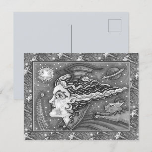 CARTES POUR FÊTES ANNUELLES SCI FI SPACE WITCH & COMET CAT BLK/WHITE HALLOWEEN