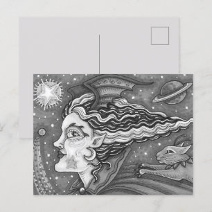 CARTES POUR FÊTES ANNUELLES SCI FI SPACE WITCH & COMET CAT BLK/WHY HALLOWEEN