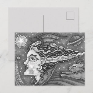 CARTES POUR FÊTES ANNUELLES SCI FI SPACE WITCH & COMET CAT BLK/WHY HALLOWEEN