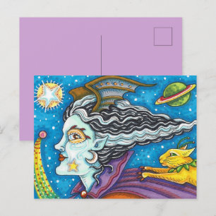 CARTES POUR FÊTES ANNUELLES SCI FI SPACE WITCH & COMET CAT COLORÉ HALLOWEEN