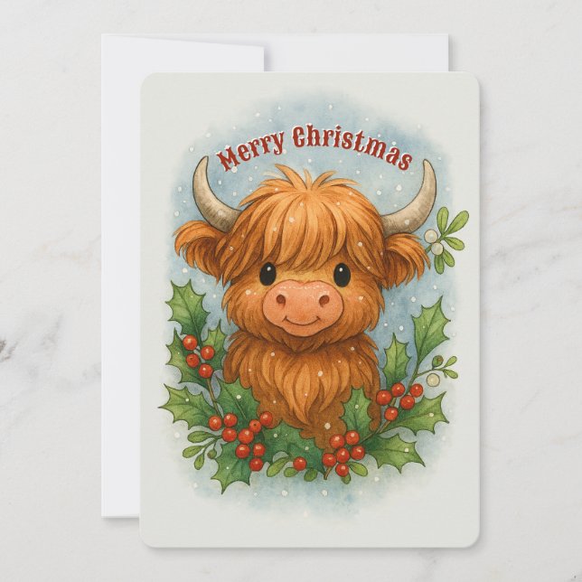 Cartes Pour Fêtes Annuelles Scottish Highland Cow Holly & Mistletoe Christmas (Devant)
