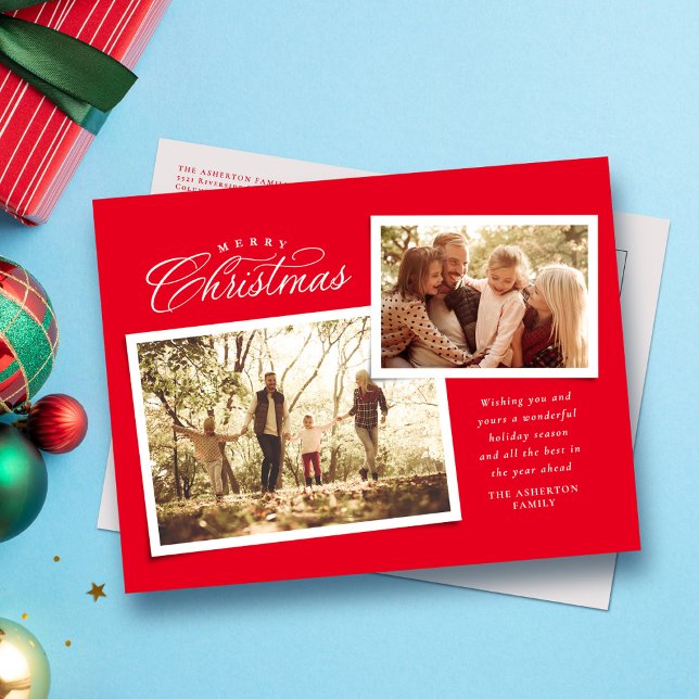 Cartes Pour Fêtes Annuelles Script classique Joyeux Noël deux photo rouge (Créateur téléchargé)