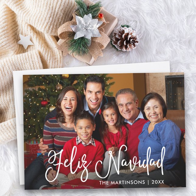Cartes Pour Fêtes Annuelles Script de calligraphie moderne Feliz Navidad Photo (Customize to add text to back of card.)