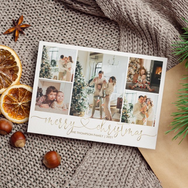 Cartes Pour Fêtes Annuelles Script de coeur Or Joyeux Noël 5 Photo (Créateur téléchargé)