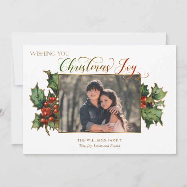 Cartes Pour Fêtes Annuelles Script de Noël avec Holly & Photo (Devant)