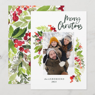 Cartes Pour Fêtes Annuelles Script de Noël botanique 1 photo rouge vert