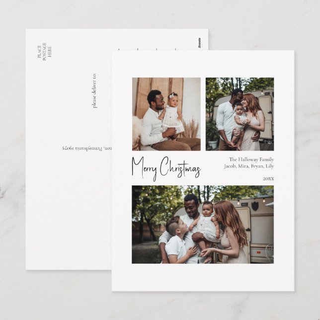 Cartes Pour Fêtes Annuelles Script de Noël moderne centré sur trois photos (Devant / Derrière)