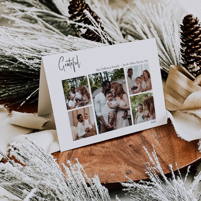 Cartes Pour Fêtes Annuelles Script de Noël moderne Grateful plié Cinq photos (Créateur téléchargé)