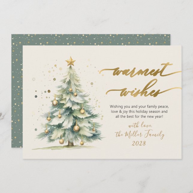 Cartes Pour Fêtes Annuelles Script de souhaits les plus chauds Aquarelle Arbre (Devant / Derrière)