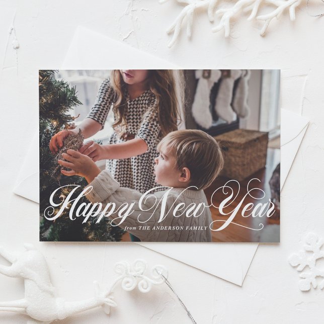 Cartes Pour Fêtes Annuelles Script élégant | Happy New Year (White Elegant Script Happy New Year Photo Holiday Card)