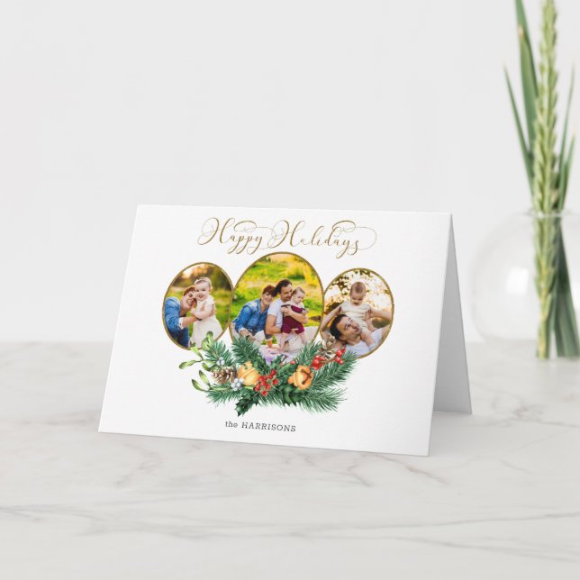 Cartes Pour Fêtes Annuelles Script Floral 3-Photo Gold Joyeux Vacances (Devant)