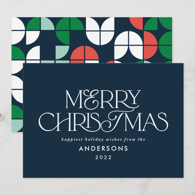Cartes Pour Fêtes Annuelles Script géométrique de Noël bleu vif (Devant / Derrière)