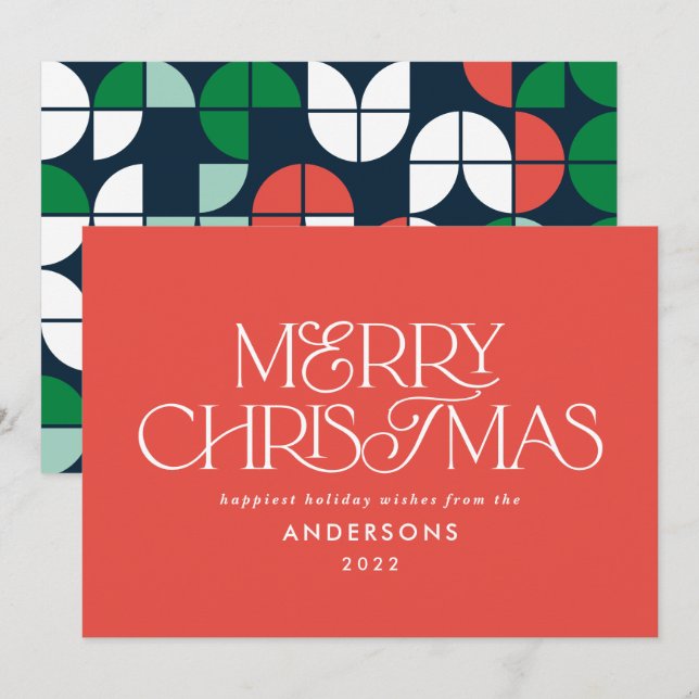 Cartes Pour Fêtes Annuelles Script géométrique de Noël rouge vif (Devant / Derrière)