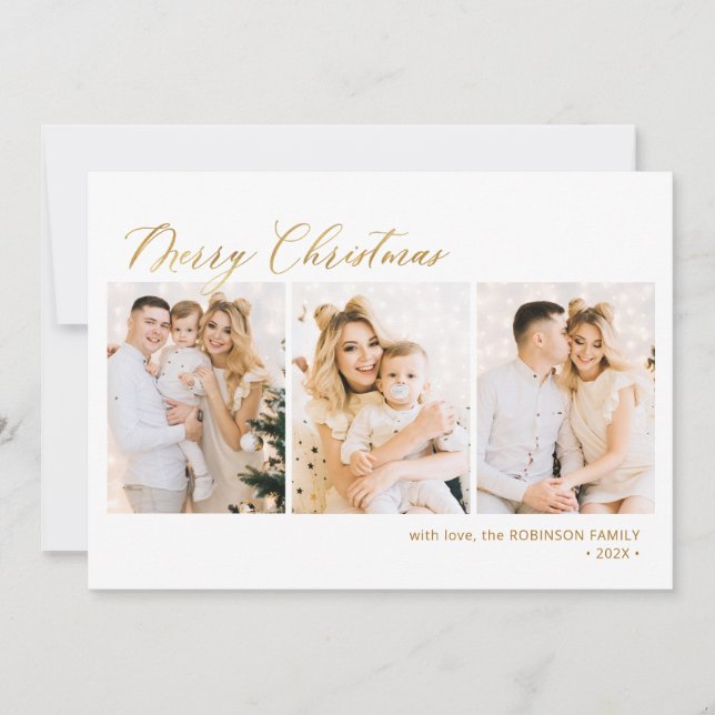 Cartes Pour Fêtes Annuelles Script Gold moderne 3 Multi Photo Noël (Devant)