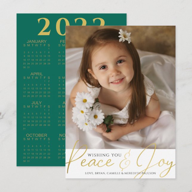 Cartes Pour Fêtes Annuelles Script Gold PEACE AND JOY Photo 2022 Calendrier (Devant / Derrière)