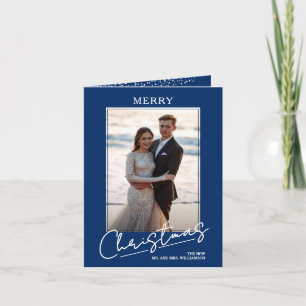 Cartes Pour Fêtes Annuelles Script Joyeux Noël Chic sur Photo Bleue Pliée