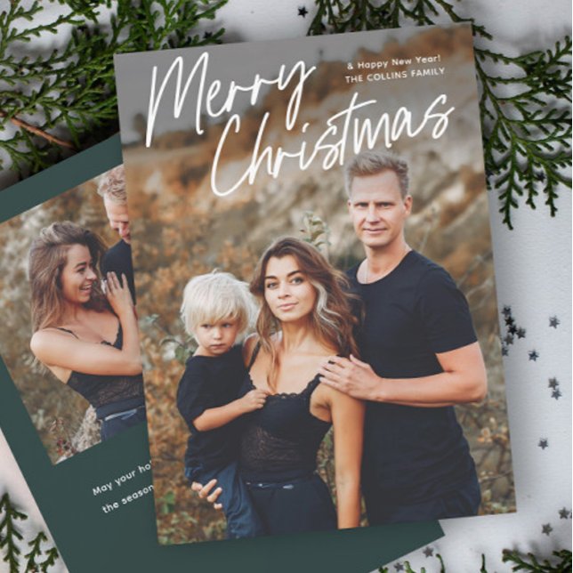 Cartes Pour Fêtes Annuelles Script Letter Joyeux Noël 2 Photo (Hand Lettered Merry Christmas 2 Photo Holiday Cards.)