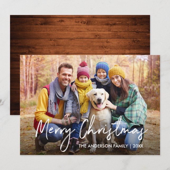 Cartes Pour Fêtes Annuelles Script manuscrit Bois Joyeux Noël Photo (Devant / Derrière)