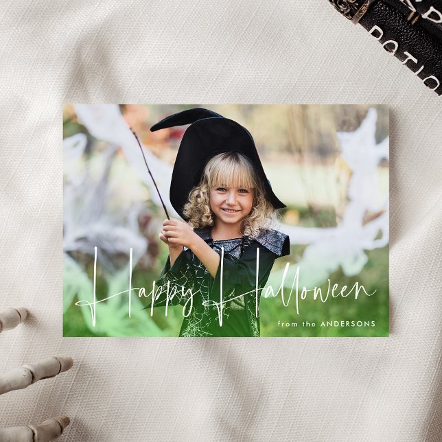 Cartes Pour Fêtes Annuelles Script manuscrit Green Happy Halloween Photo (Créateur téléchargé)