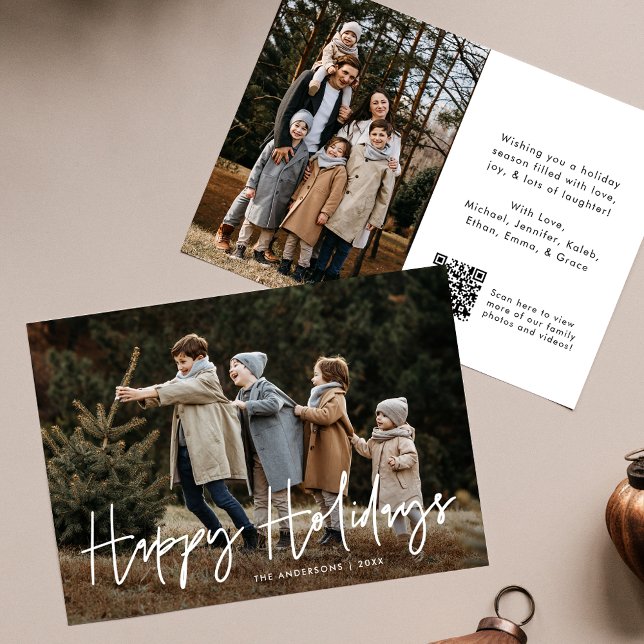 Cartes Pour Fêtes Annuelles Script manuscrit Happy Holidays QR Code 2 Photo (Créateur téléchargé)