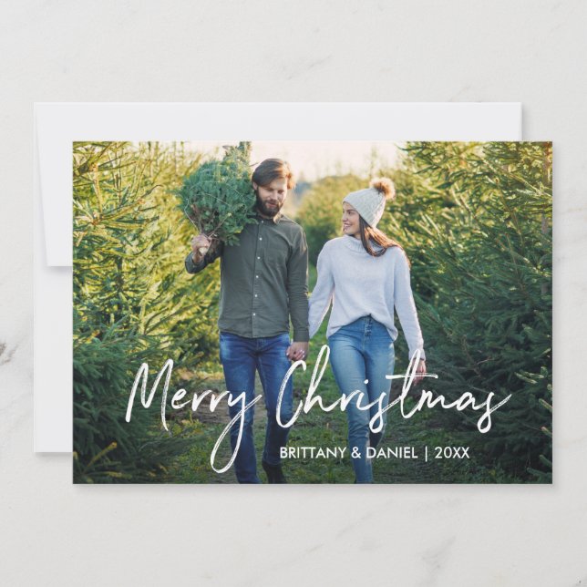 Cartes Pour Fêtes Annuelles Script manuscrit Joyeux Noël Couple Photo (Devant)