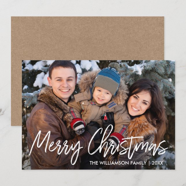 Cartes Pour Fêtes Annuelles Script manuscrit Kraft photo de famille de Noël (Devant / Derrière)