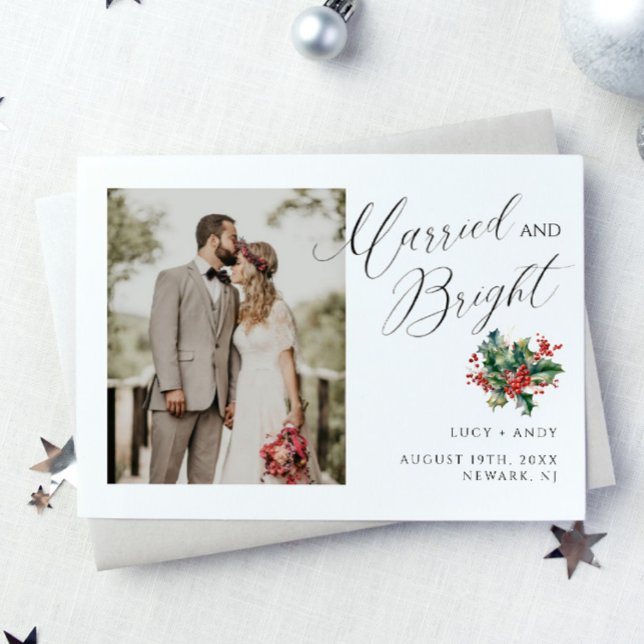 Cartes Pour Fêtes Annuelles Script marié et lumineux | Photo Berry Foliage (Créateur téléchargé)