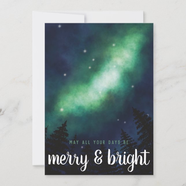Cartes Pour Fêtes Annuelles Script "Merry & Bright" Northern Lights | Vert (Devant)