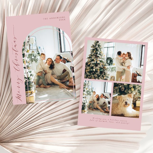 Cartes Pour Fêtes Annuelles Script minimaliste Joyeux Noël Photo Rose Dusty (Créateur téléchargé)