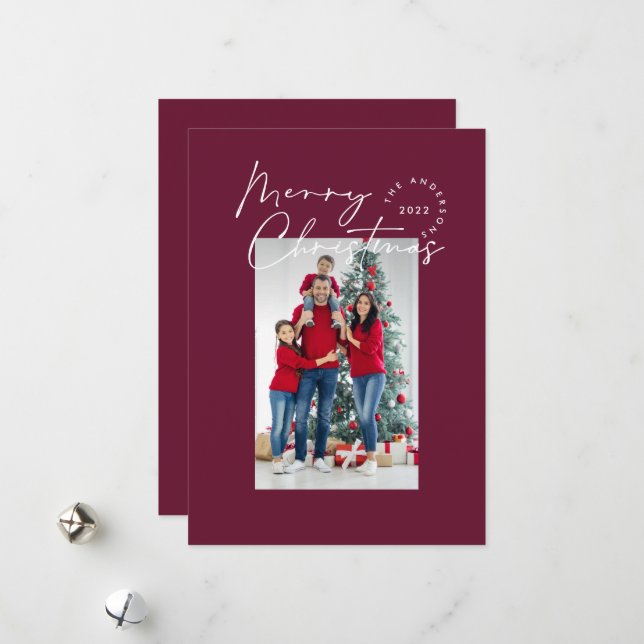 Cartes Pour Fêtes Annuelles Script moderne 1 photo bordeaux Joyeux Noël (Devant/Arrière en situation)