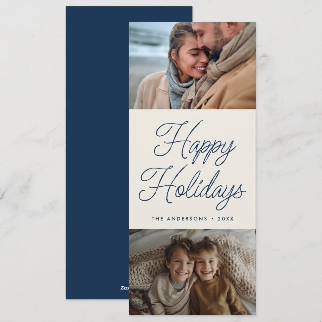 Cartes Pour Fêtes Annuelles Script moderne Bleu Deux photos grand Noël (Devant / Derrière)