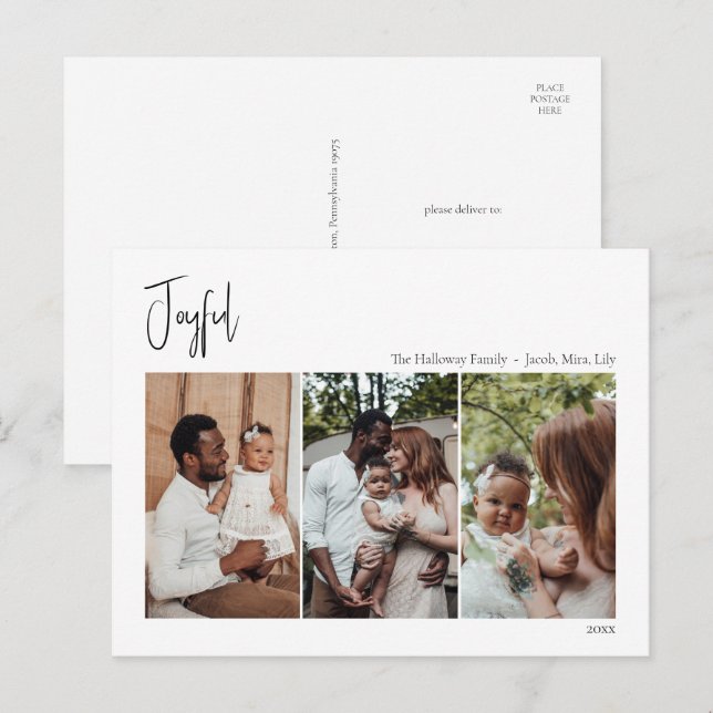 Cartes Pour Fêtes Annuelles Script moderne de Noël Joyeux trois photos (Devant / Derrière)