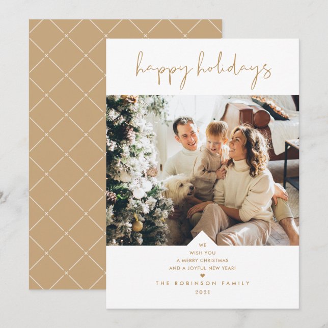 Cartes Pour Fêtes Annuelles Script moderne Elegant Blanc Gold Photo de Noël (Devant / Derrière)