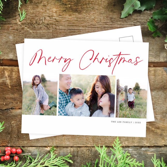 Cartes Pour Fêtes Annuelles Script moderne Joyeux Noël Trois photos (Créateur téléchargé)