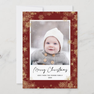 Cartes Pour Fêtes Annuelles Script moderne rouge élégant Snowflakes Bokeh Over