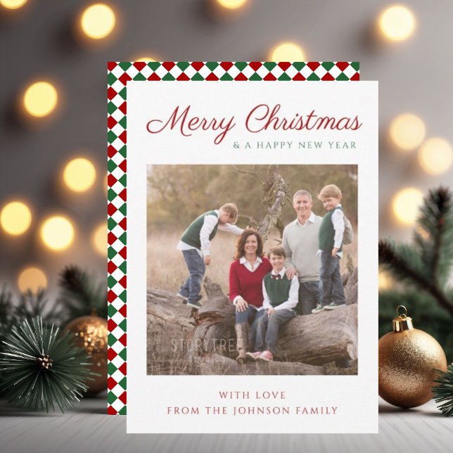 Cartes Pour Fêtes Annuelles Script moderne Rouge Green Checks Photo de Noël (Modern Script Red Green Checks Christmas Photo Holiday Card)