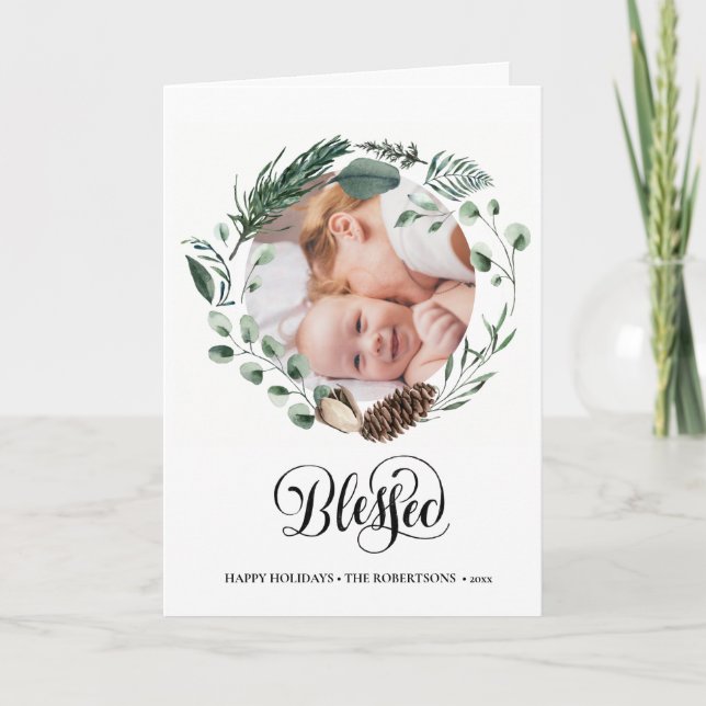 Cartes Pour Fêtes Annuelles Script noir moderne Élégant Foliage Eucalyptus (Devant)
