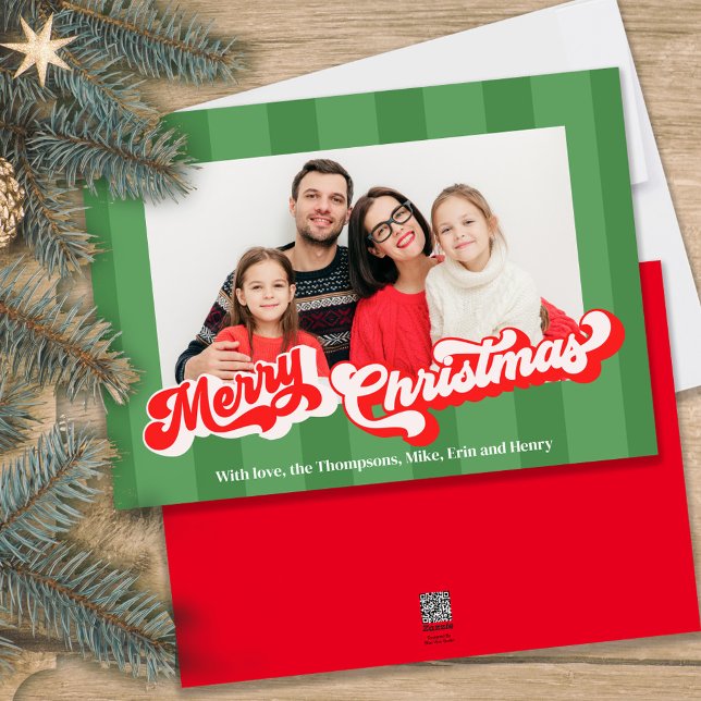 Cartes Pour Fêtes Annuelles Script rétro rouge et vert multi-photo (Bright and bold Merry Christmas retro vintage typography photo card)
