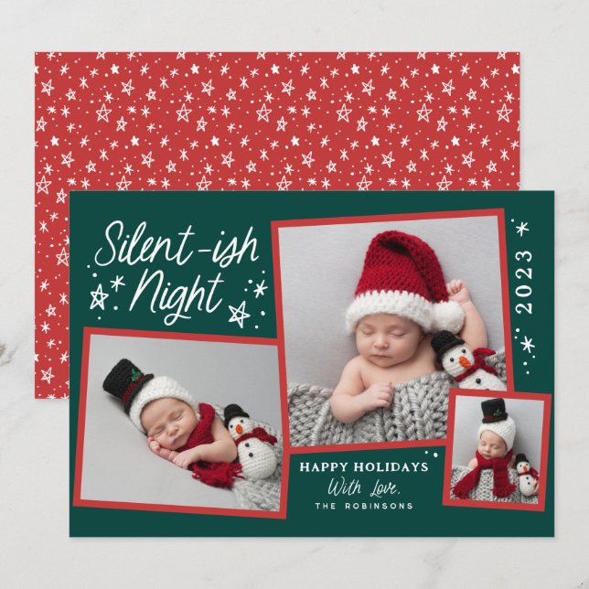 Cartes Pour Fêtes Annuelles Script Silent Night 3 Photo Collage (Devant / Derrière)