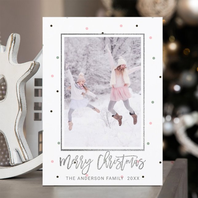 Cartes Pour Fêtes Annuelles Script Silver | Photo de Noël Pastel de neige (Créateur téléchargé)