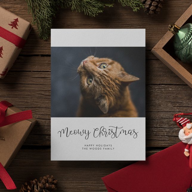Cartes Pour Fêtes Annuelles Script Whimsical Meowy Christmas Pet Photo (Créateur téléchargé)