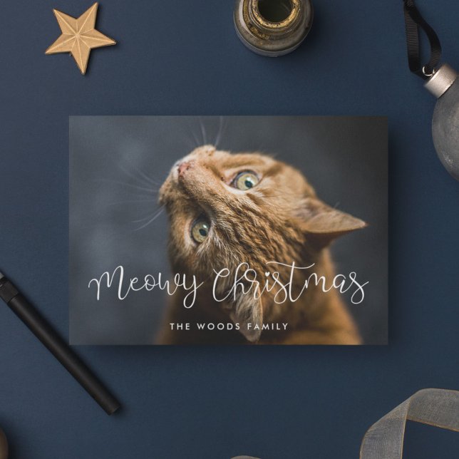 Cartes Pour Fêtes Annuelles Script Whimsical Meowy Photo de chat de Noël (Créateur téléchargé)
