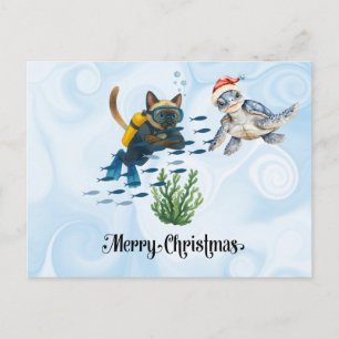Cartes Pour Fêtes Annuelles Scuba Cat Noël plongée avec tortue