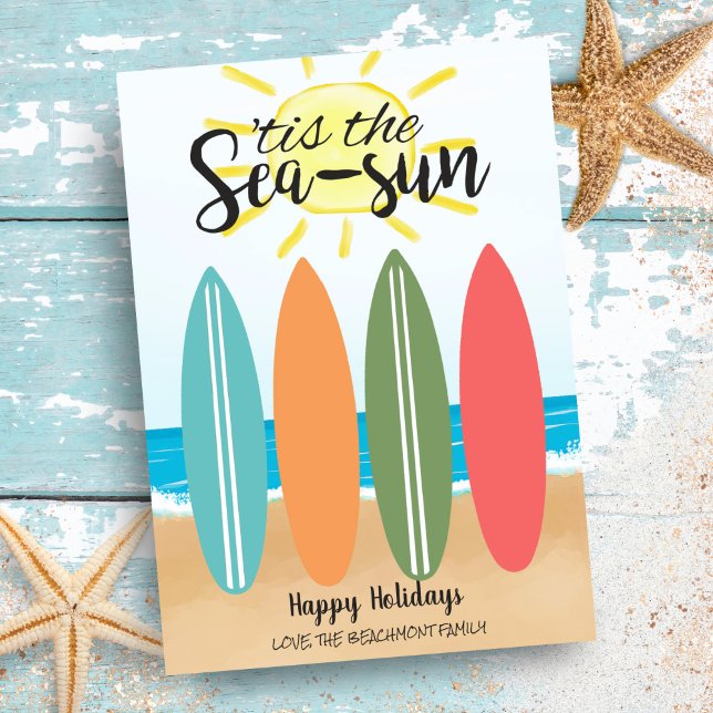 Cartes Pour Fêtes Annuelles Sea Sun Tropical Beach Surfboard Noël côtier (Créateur téléchargé)