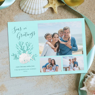 Cartes Pour Fêtes Annuelles Seas N Salutations Aqua Blue Beach Photo de Noël