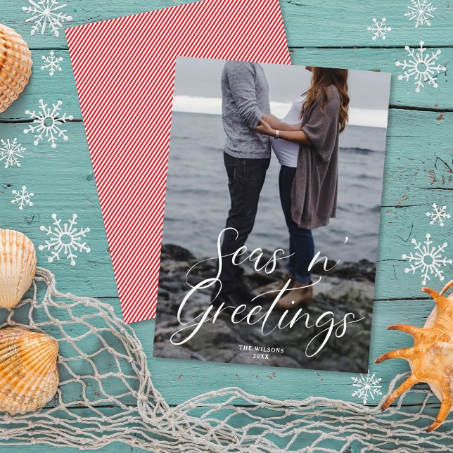 Cartes Pour Fêtes Annuelles Seas n'Greutas Beach Script | Photo de Noël (Créateur téléchargé)