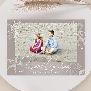 Cartes Pour Fêtes Annuelles Seas & salutations Chic Neutral Photo Plage Starfi