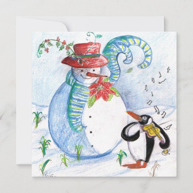 Cartes Pour Fêtes Annuelles SÉRÉNADE Hivernale de Bonhomme de Neige et de Manc (Devant)