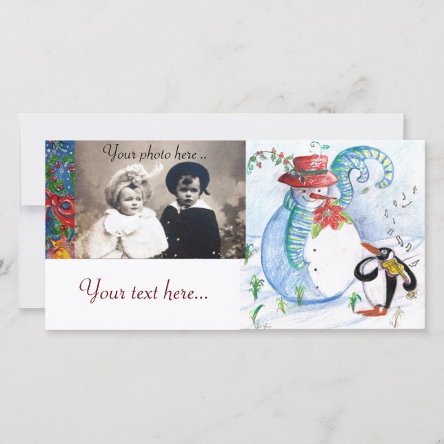Cartes Pour Fêtes Annuelles SÉRÉNADE Hivernale de Bonhomme de Neige et Manchot (Devant)