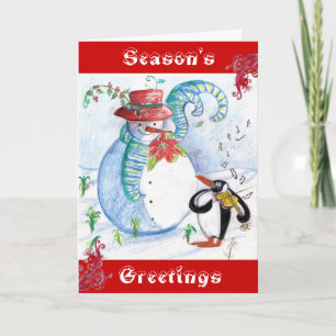 Cartes Pour Fêtes Annuelles SERENADE Hivernale de BONHOMME DE NEIGE et MANCHOT